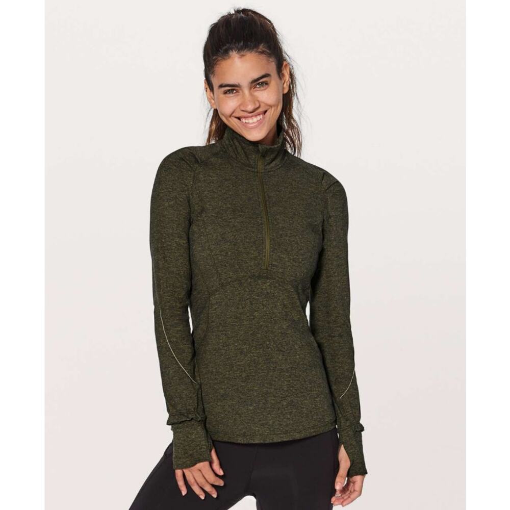 Lululemon Extra Mile 1/2 Zip Heathered Utilitarian Green Black Size 6 $98‎